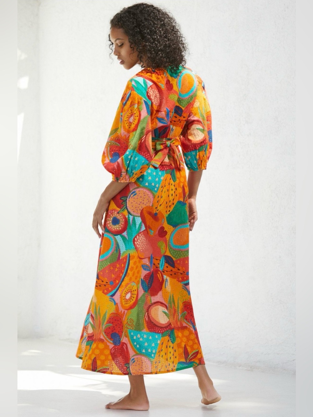 FARM Rio Summery Salad Puff-Sleeve Eyelet Tie-Waist Midi Dress Coverup. - Picture 3 of 13